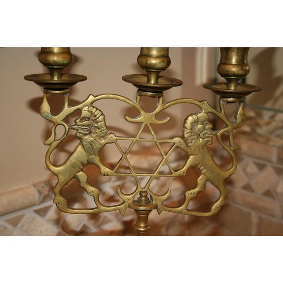 Antique Judea Lions Three-Armed Shabbat Candelabra - Picture 4 of 9